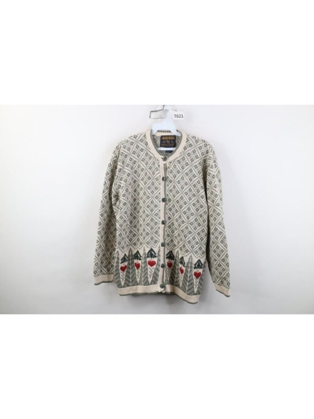 Vintage 90s Woolrich Womens Large Heart Fair Isle Tree Knit Cardigan Sweater
